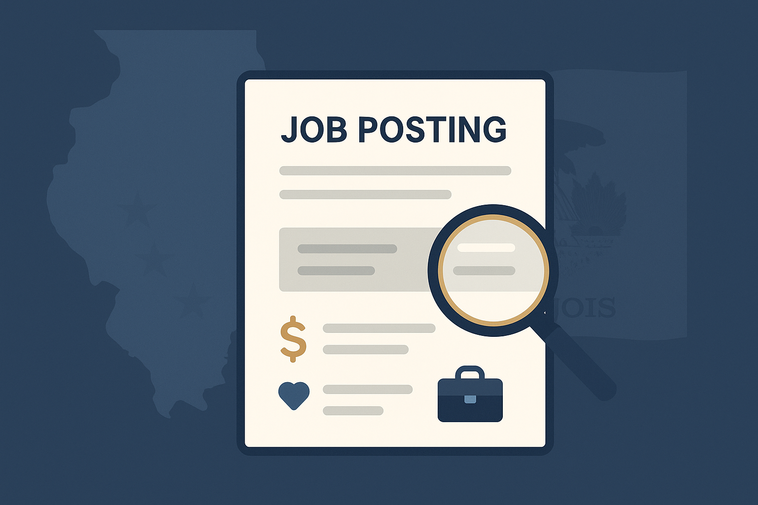 Infographic of a job posting listing the pay and benefits with the State of Illinois in the background, symbolizing the Illinois pay transparency requirements. 